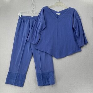 Lulu B 2-Piece Shirt Pants Small Gauzy Cotton Outfit Set Lagenlook Basic Blue SM